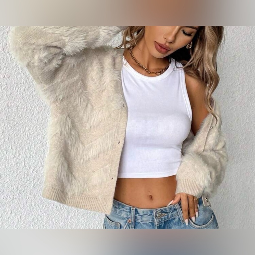 Women's Cream Fuzzy Cardigan